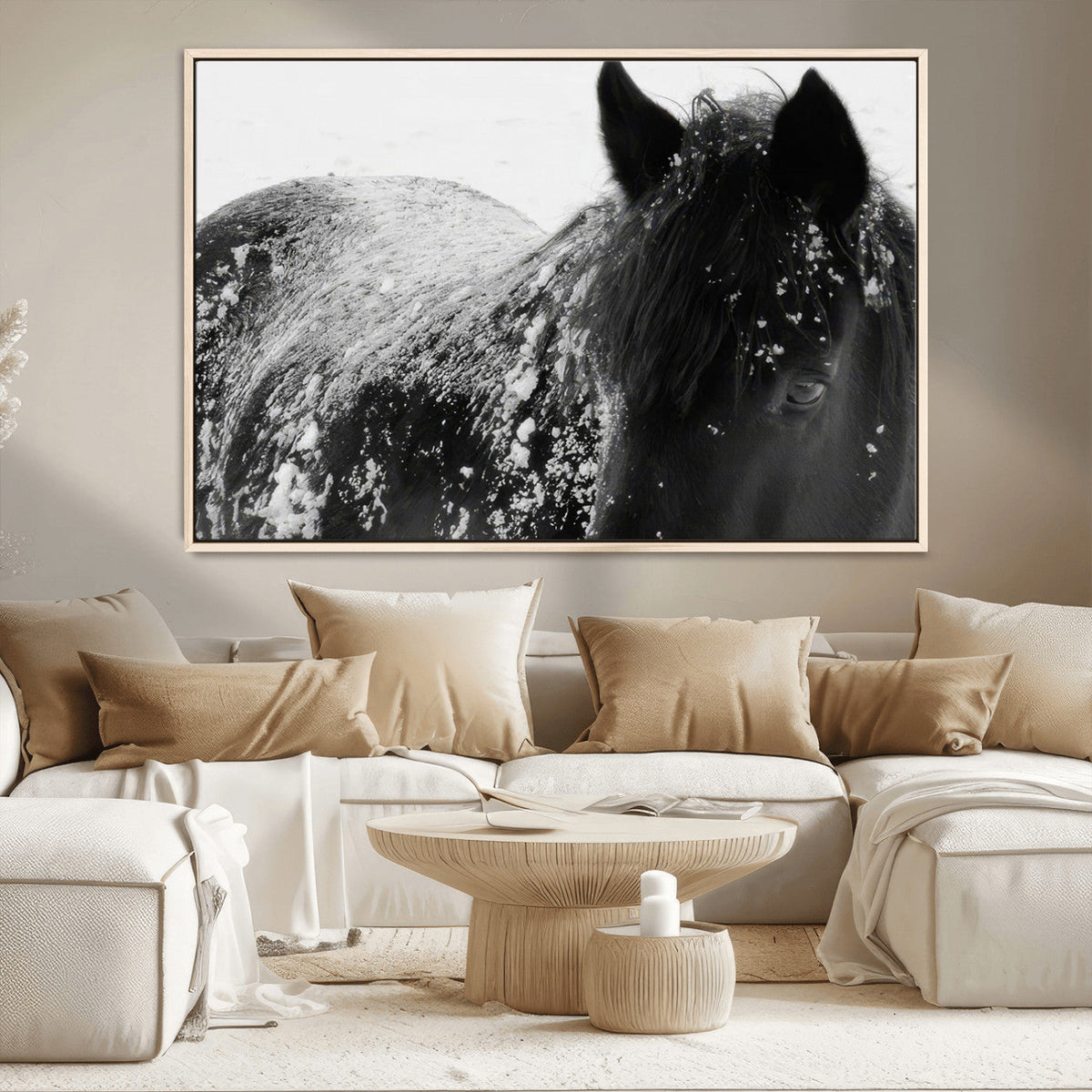 Black Horse in Snow Canvas Print | Winter Horse Wall Art |