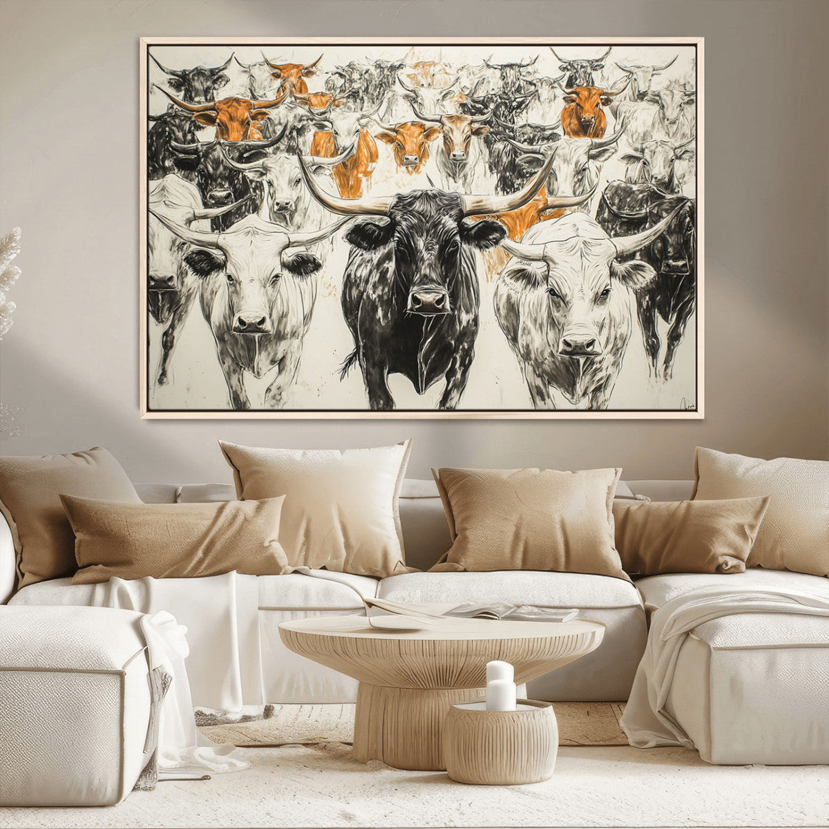 Farmhouse Wall Art | Western Longhorn Cattle Canvas Print |