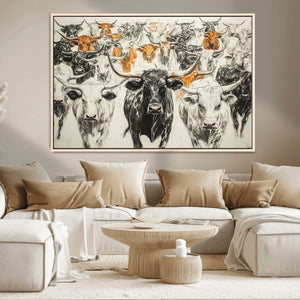 Farmhouse Wall Art | Western Longhorn Cattle Canvas Print |