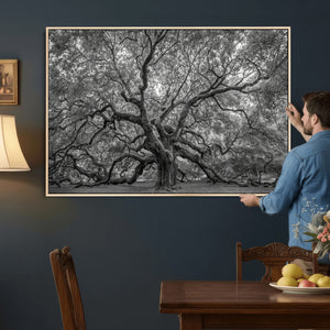 Majestic Angel Oak Tree Black and White Canvas Print – Multi