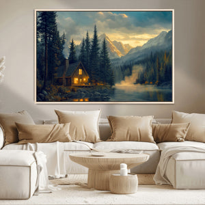Mountain Cabin by the Lake at Sunset Wall Art - Serene