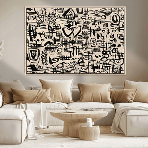Abstract Love and Chaos Canvas Print, Black Symbols on Beige