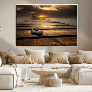 Stones on Wooden Pier at Sunset Canvas Print, Serene Coastal