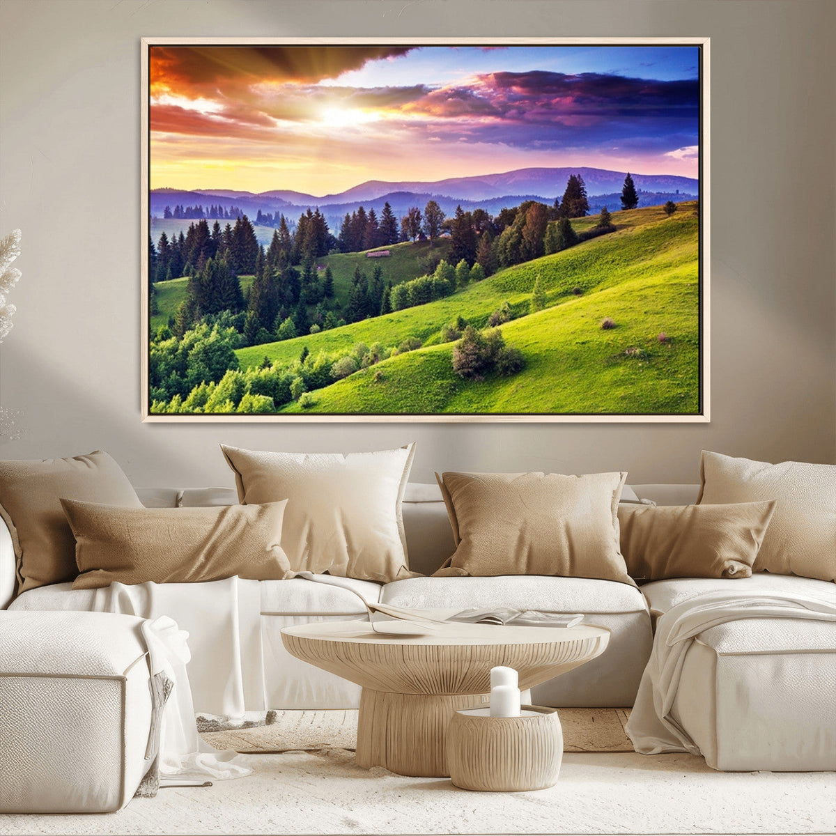 Green Hills and Sunset Wall Art Print - Scenic Landscape