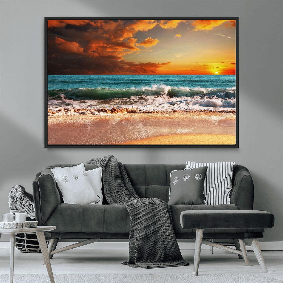 Golden Sunset Beach Canvas Wall Art – Triptych Seascape