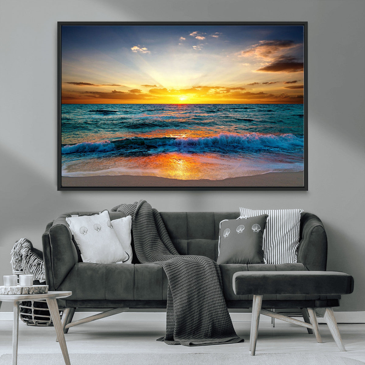 Vibrant Ocean Sunrise Over Golden Beach Waves, Giclee Canvas