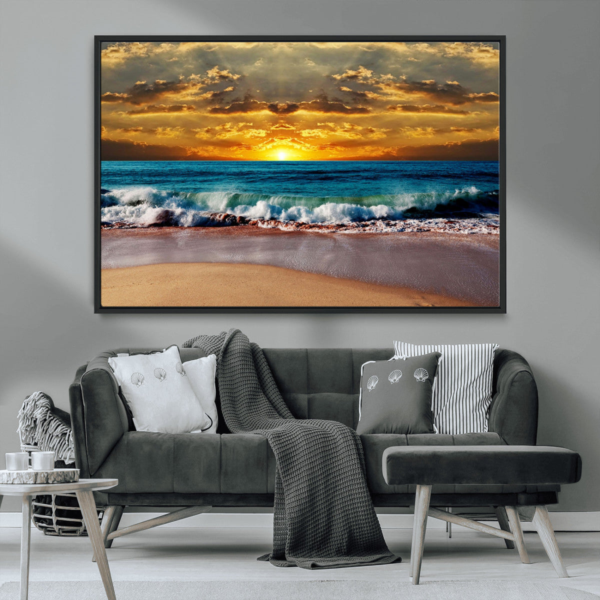 Ocean Sunrise Over Golden Beach Waves, Giclee Canvas Wall