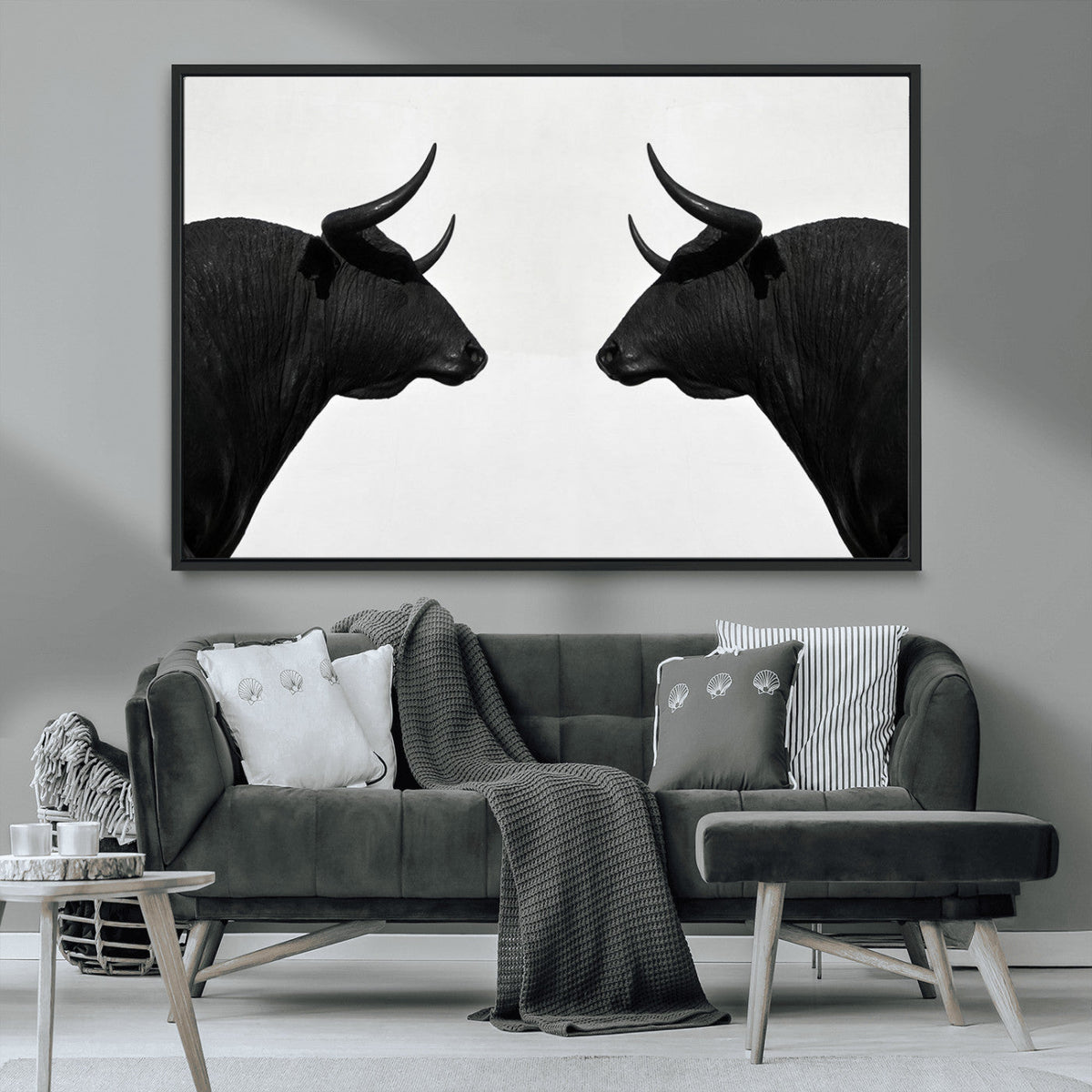 Spanish Bull Art - Framed Black and White Bull Canvas Print