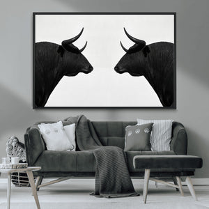 Spanish Bull Art - Framed Black and White Bull Canvas Print