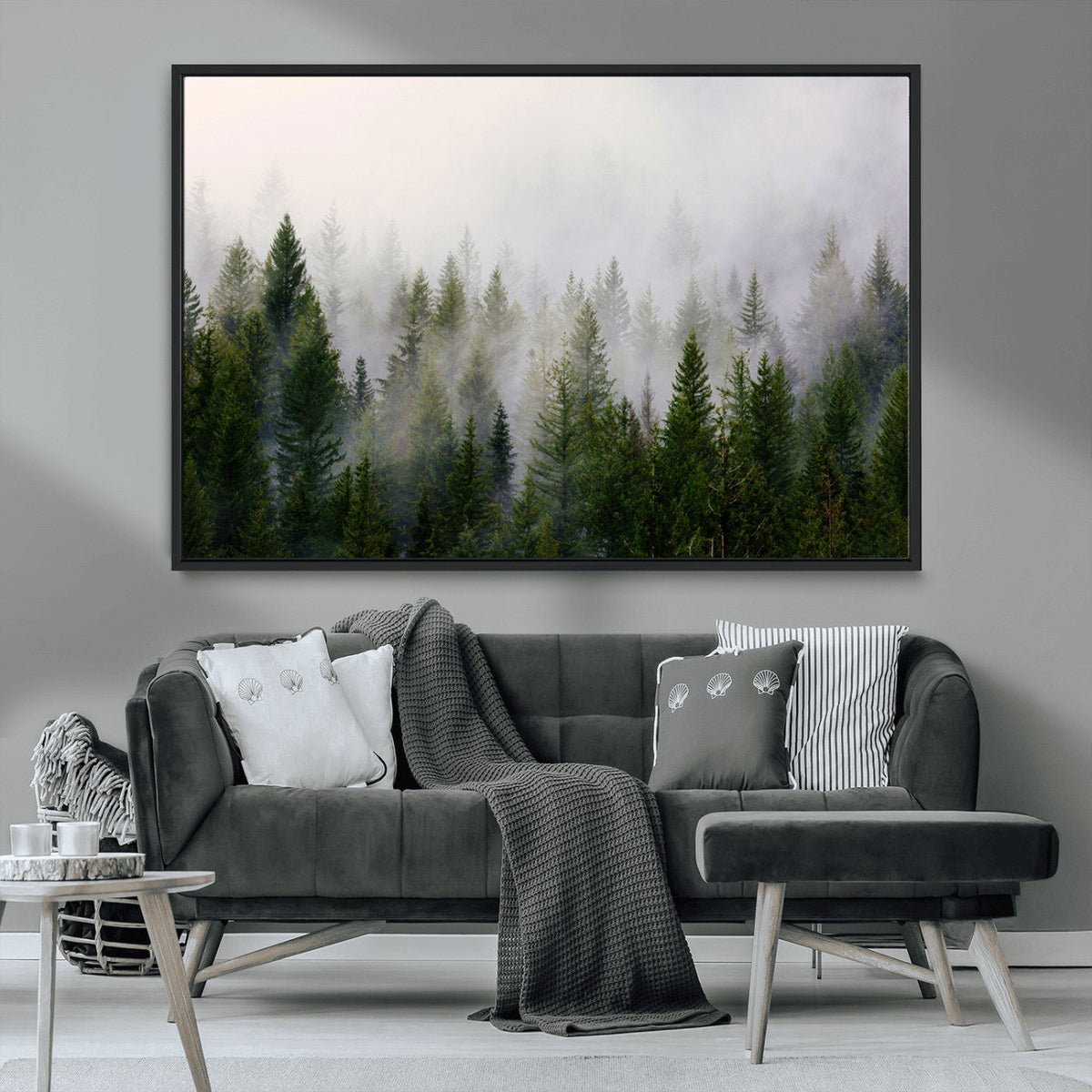 Misty Pine Forest Wall Art Canvas Print | 3 Panel Green