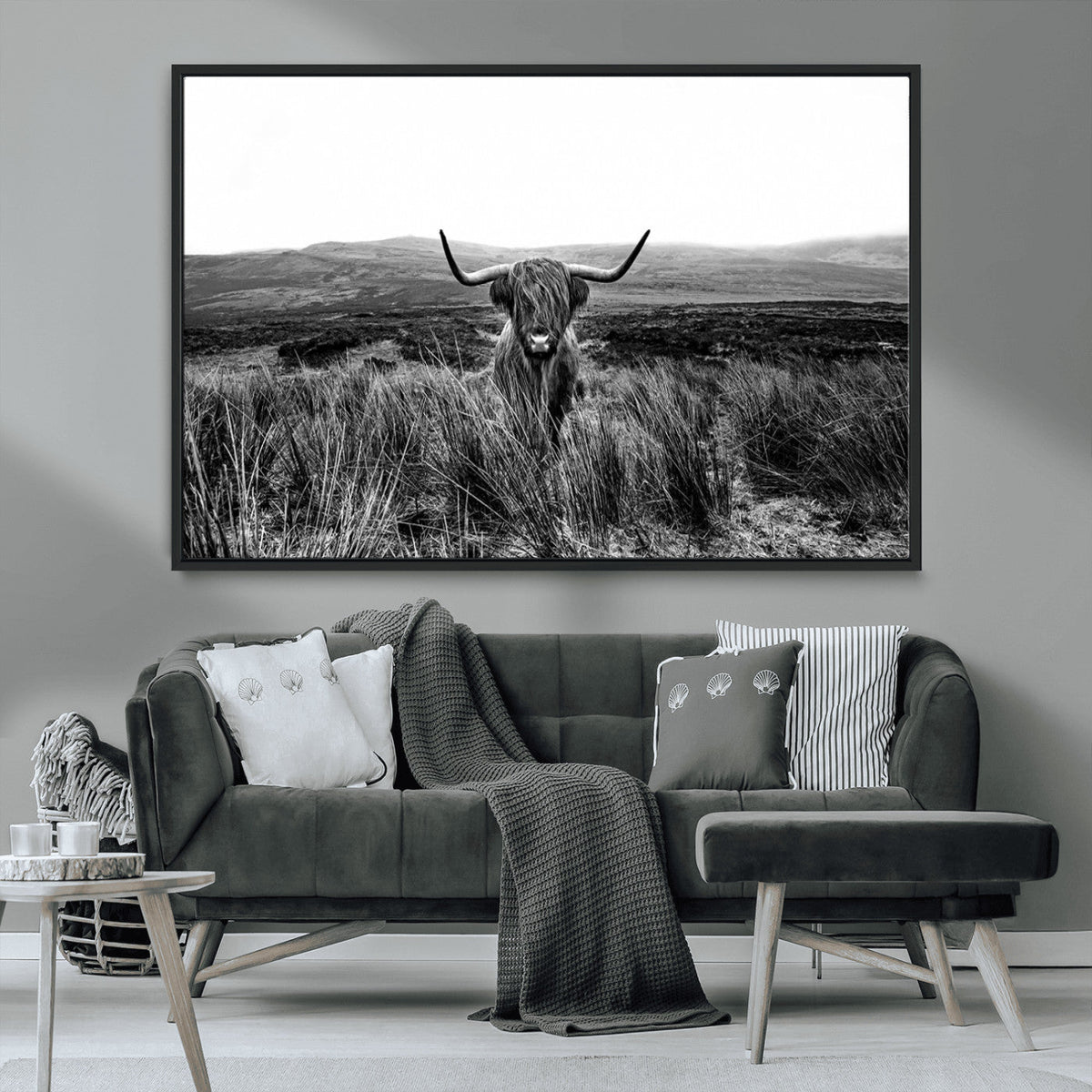 Black and White Highland Cow Canvas Wall Art, Longhorn