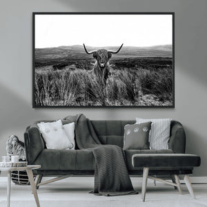 Black and White Highland Cow Canvas Wall Art, Longhorn