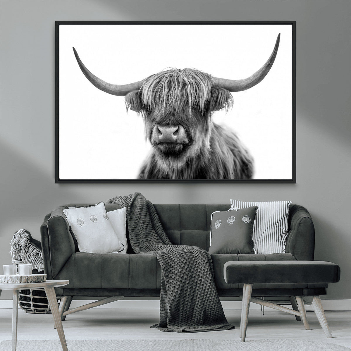 Grayscale Scottish Highland Cow Cattle Art Print Farmhouse