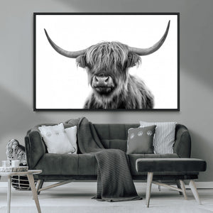 Grayscale Scottish Highland Cow Cattle Art Print Farmhouse