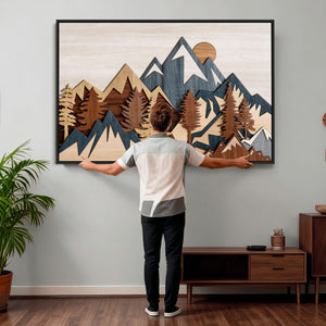 Rustic Abstract Wood Panel Effect Canvas Mountain Range Top