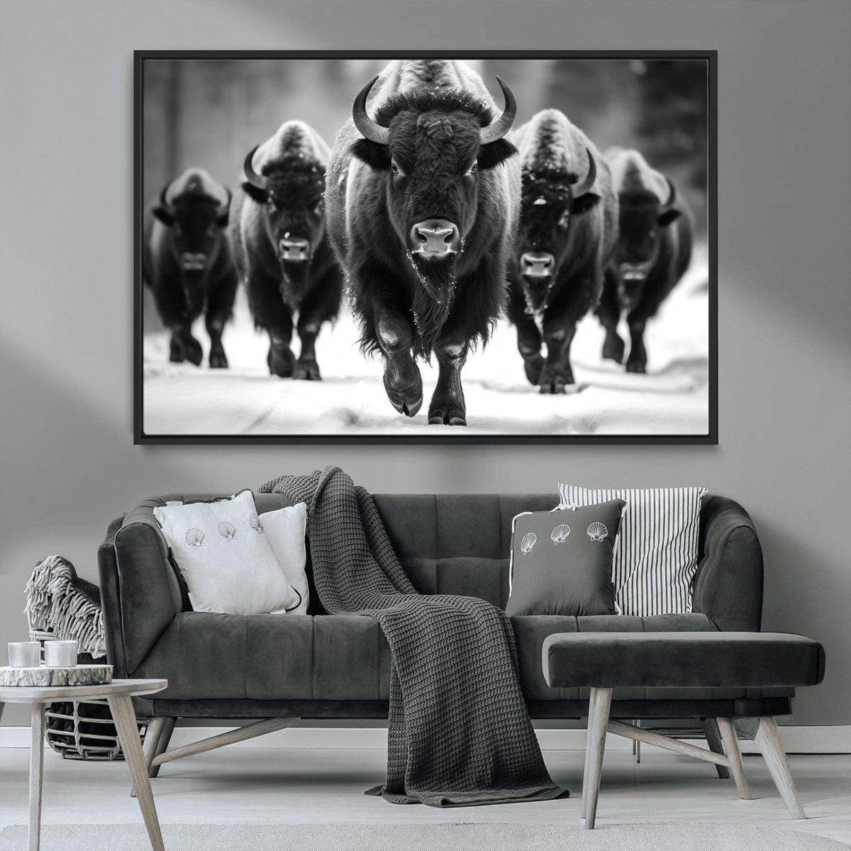 American Bison Art | Buffalo Herd Wall Art Canvas Print, BW