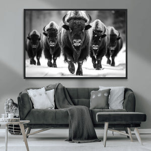 American Bison Art | Buffalo Herd Wall Art Canvas Print, BW