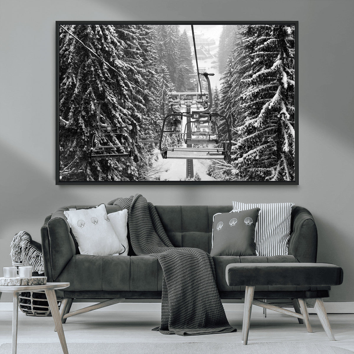 Winter Ski Lift Black and White Canvas Wall Art – Alpine