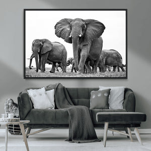 Black White Elephant Family Wall Art Canvas Print