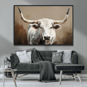 White Longhorn Bull Wall Art Canvas Print – Framed and Ready
