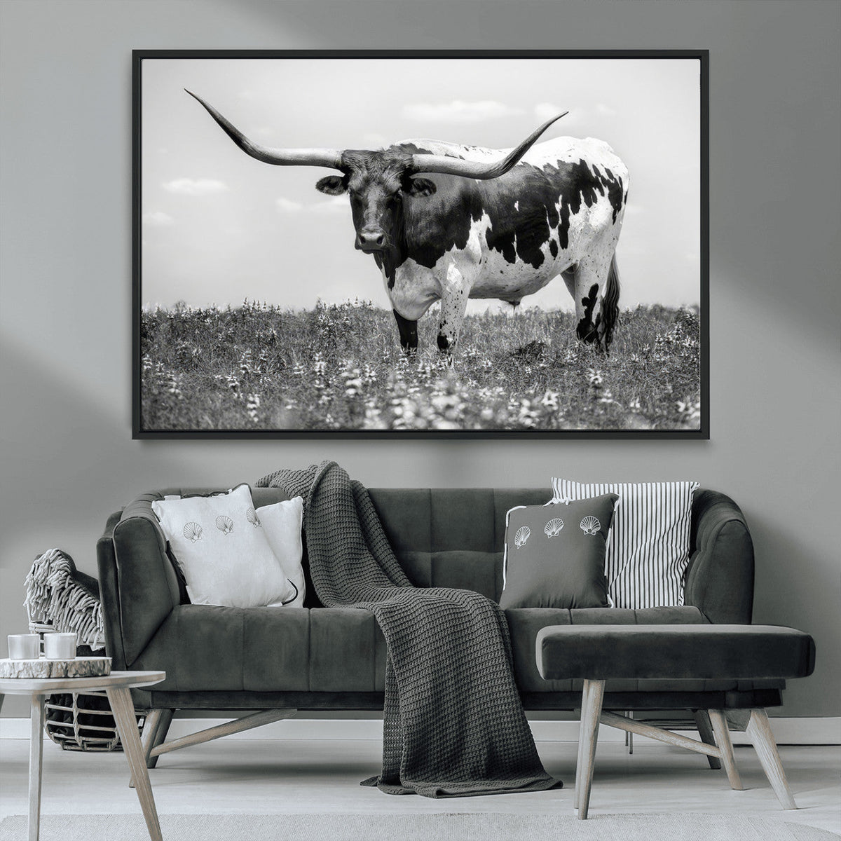 Texas Black White Highland Longhorn Cow Wall Art Canvas