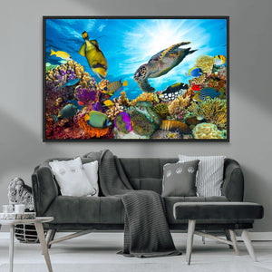 Colorful Coral Reef and Sea Life Turtle Canvas Print,