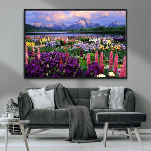 Vibrant Wildflower Garden and Mountain View Giclee Canvas