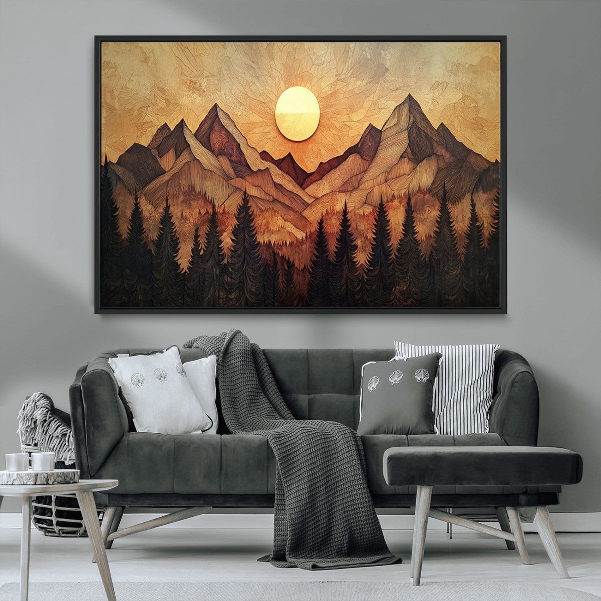 Wood Style Abstract Mountain Sunset Canvas Wall Art Print -