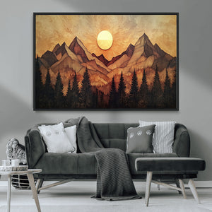 Wood Style Abstract Mountain Sunset Canvas Wall Art Print -