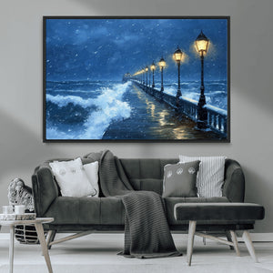 Stormy Ocean Pier Lights Canvas Wall Art Print - Large Moody