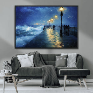 Storm Ocean Pier Canvas Wall Art Print - Large Moody Night