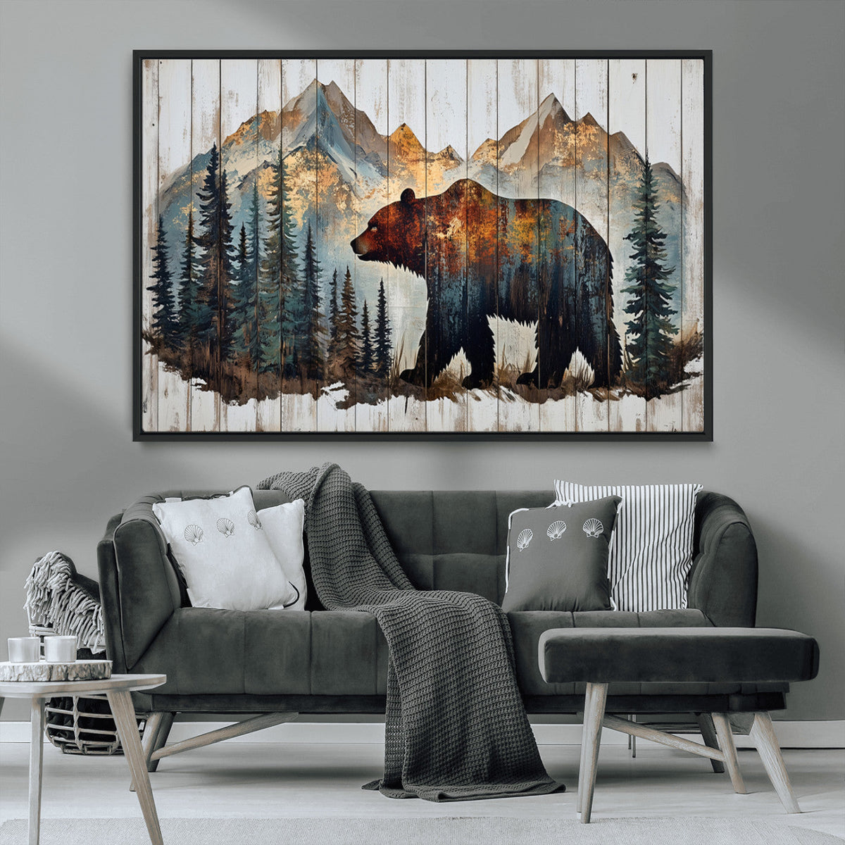 Rustic Grizzly 399 Bear and Mountain Wood Canvas Wall Art -