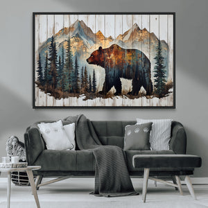 Rustic Grizzly 399 Bear and Mountain Wood Canvas Wall Art -