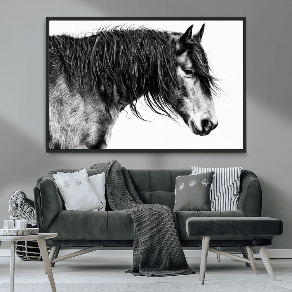 Majestic Horse Wall Art – Framed Black White Portrait Canvas