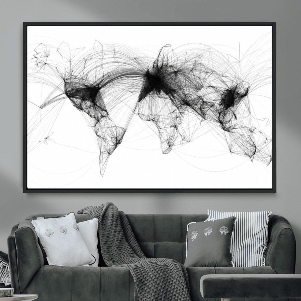 Abstract World Map Wall Art – Framed Geometric Line Canvas