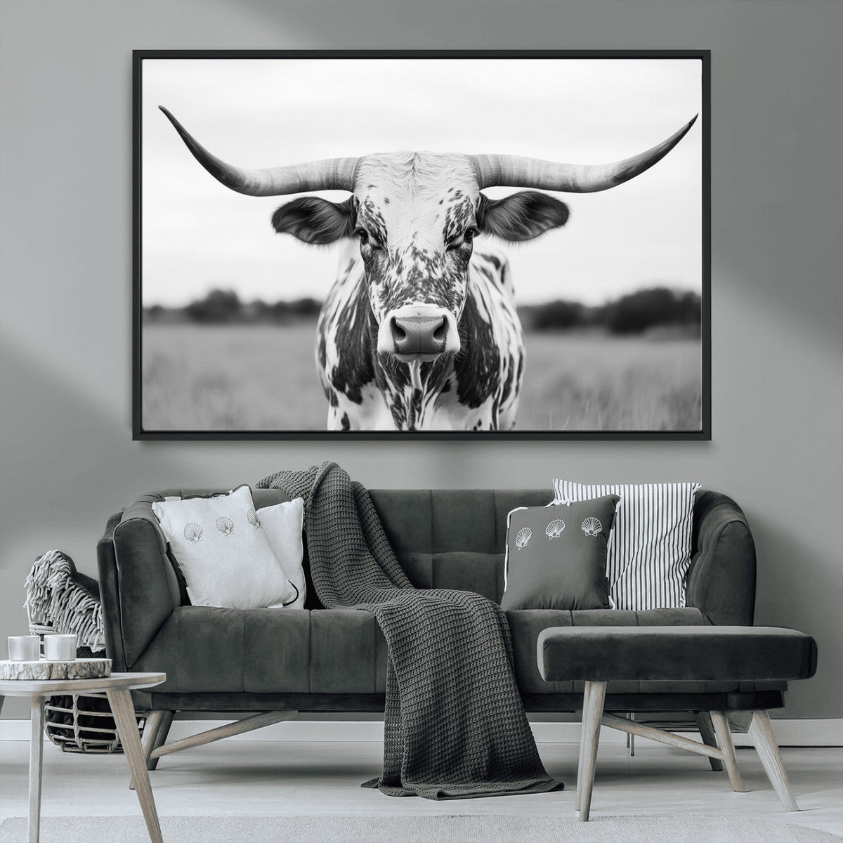 Highland Cow Wall Art Canvas Print – Black and White Western