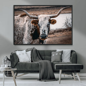 Texas Longhorn Wall Art Canvas Print – Framed Spotted Bull