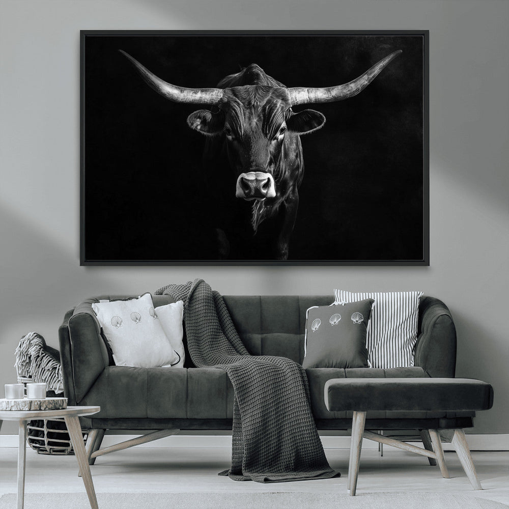 Texas Longhorn Wall Art Canvas Print – Framed Monochrome