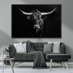 Texas Longhorn Wall Art Canvas Print – Framed Monochrome