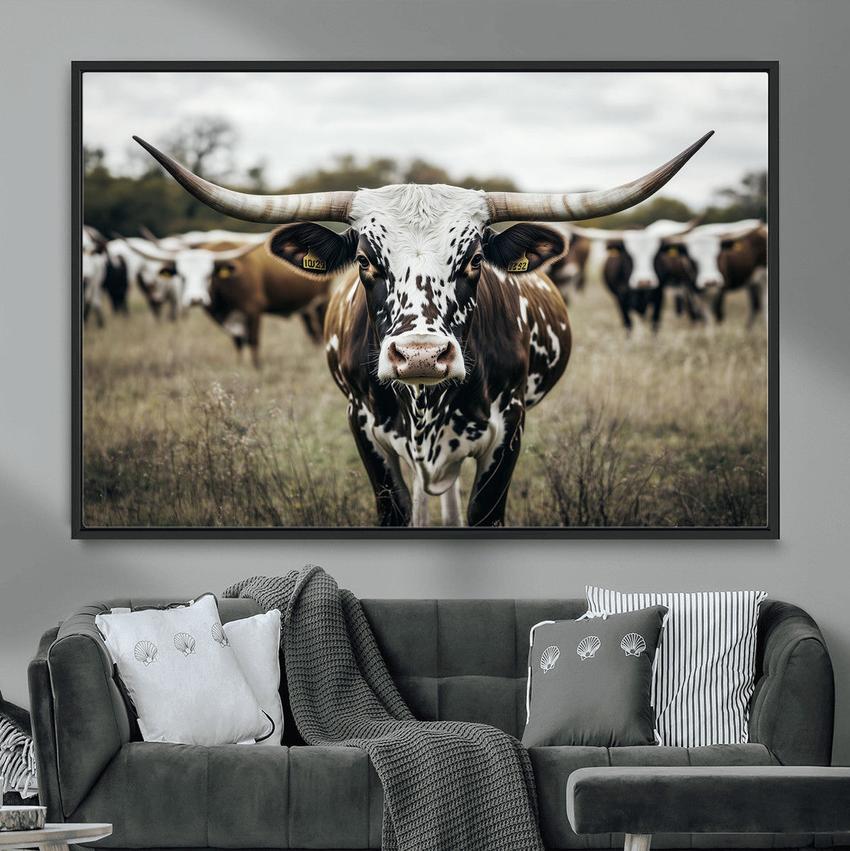 Texas Longhorn Wall Art – Framed Speckled Cow Canvas