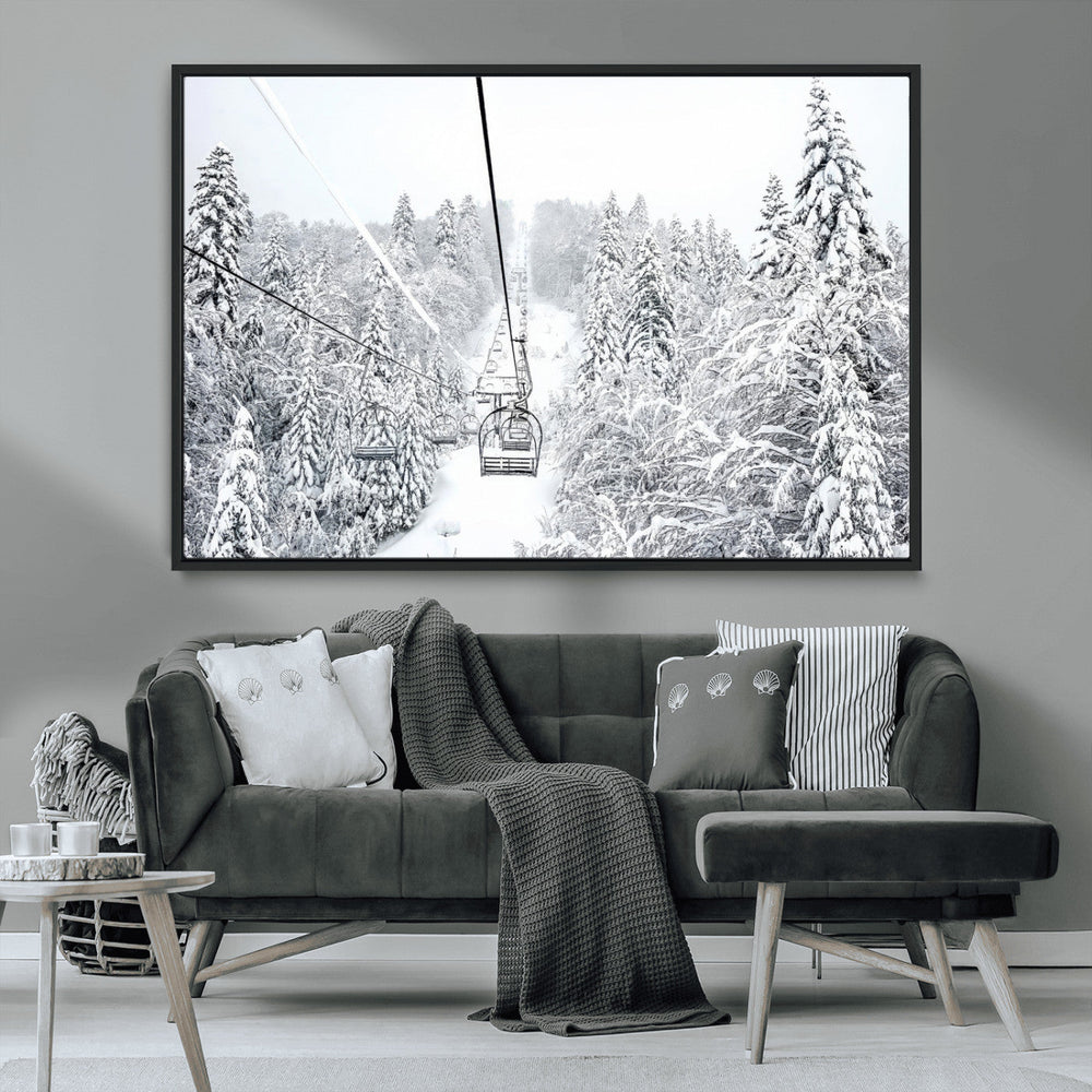 Snowy Ski Lift Wall Art – Framed Winter Mountain Canvas