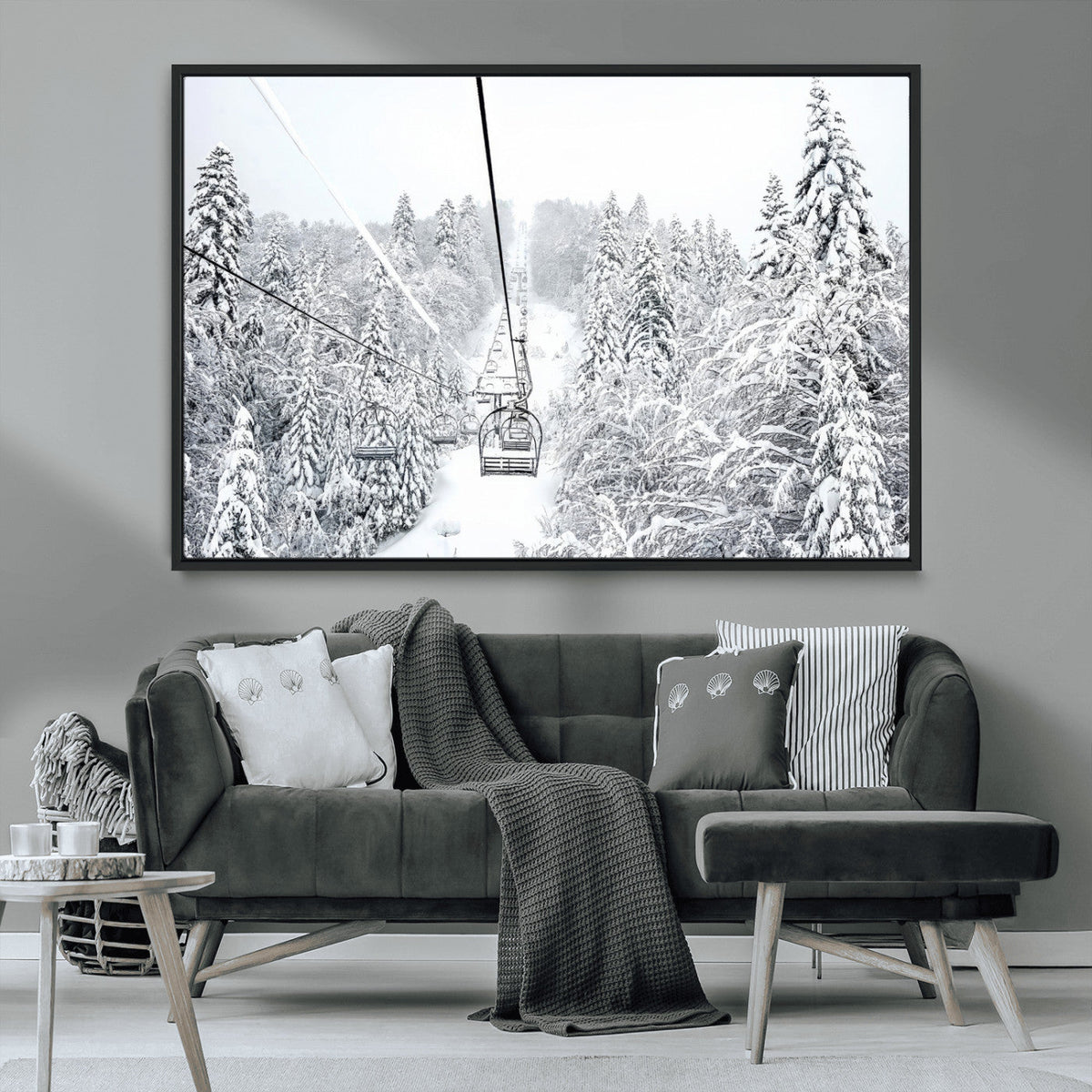 Snowy Ski Lift Wall Art – Framed Winter Mountain Canvas