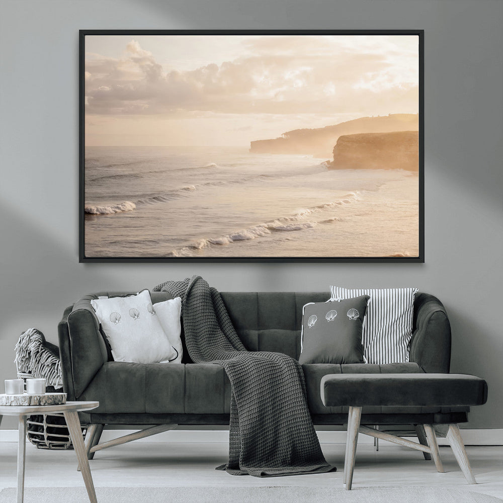 Misty Coastal Wall Art Canvas Print – Framed Golden Sunset