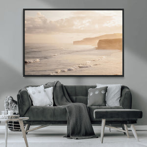 Misty Coastal Wall Art Canvas Print – Framed Golden Sunset