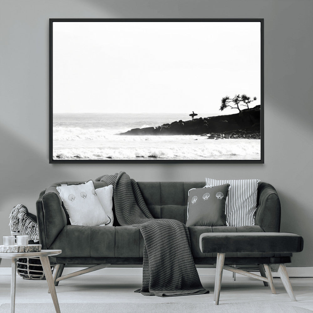 Surfer Cliffs Wall Art Canvas Print – Framed Black White