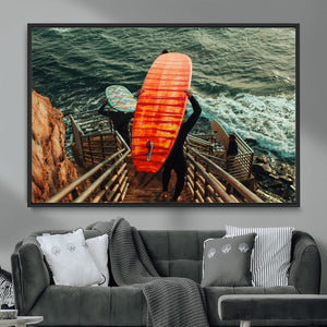 Surfer Stairway Wall Art – Framed Ocean Surf Canvas Artwork,