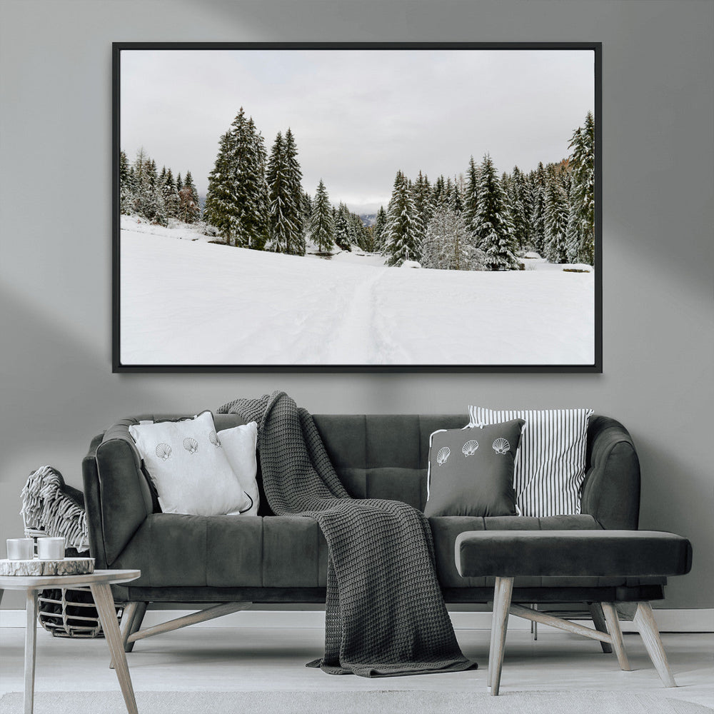 Frosty Pines Wall Art Canvas Print – Framed Silent Snowfall