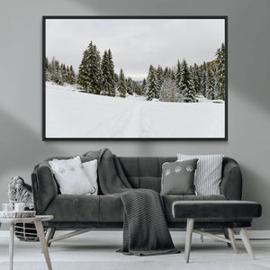 Frosty Pines Wall Art Canvas Print – Framed Silent Snowfall