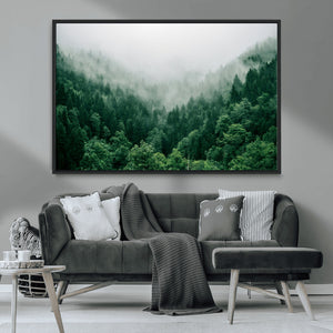 Misty Green Forest Canvas Print – Framed Serene Foggy Pine