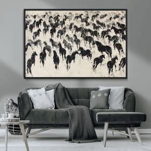 Wild Horse Stampede Wall Art Canvas Print – Monochrome